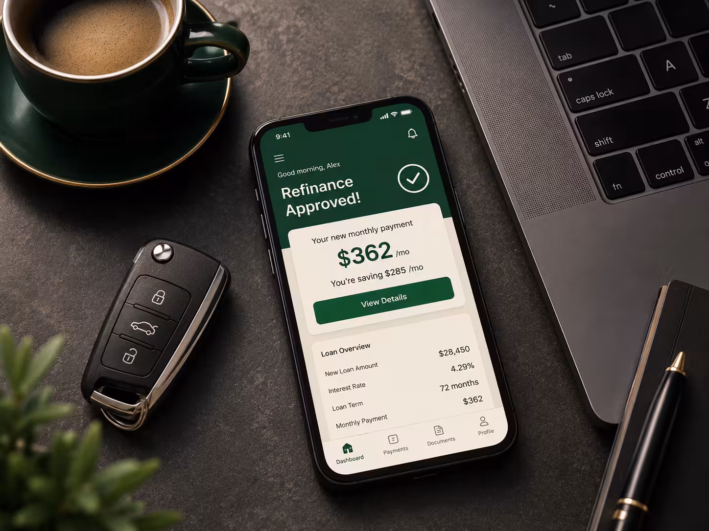 Phone showing approved refinance offer